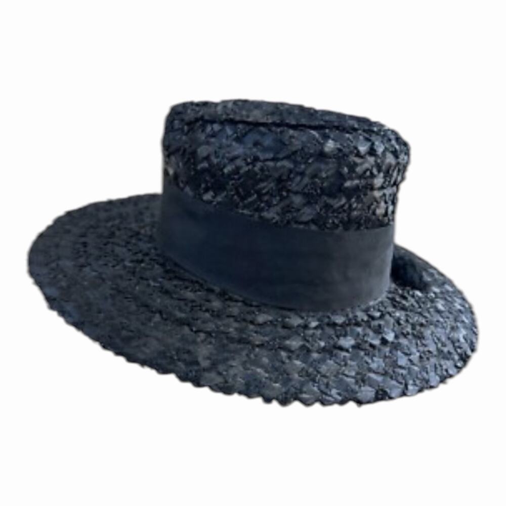 Vintage Black Straw Wide Brim Hat Ribbon Trim Boho Chic Sun Hat With Box - Picture 2 of 13
